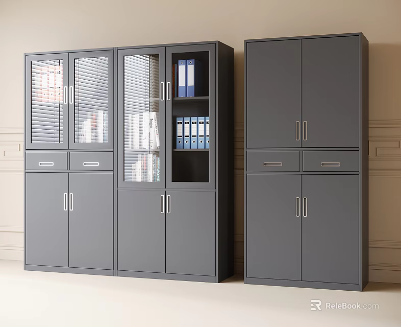Gray Metal Office Storage Cabinets With Glass Doors Louvered Panels And File Folders 3d model 