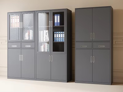 Gray Metal Office Storage Cabinets With Glass Doors Louvered Panels And File Folders 3d model
