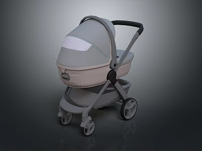 Modern Gray And Beige Baby Stroller With Canopy Handle And Wheels 3d model