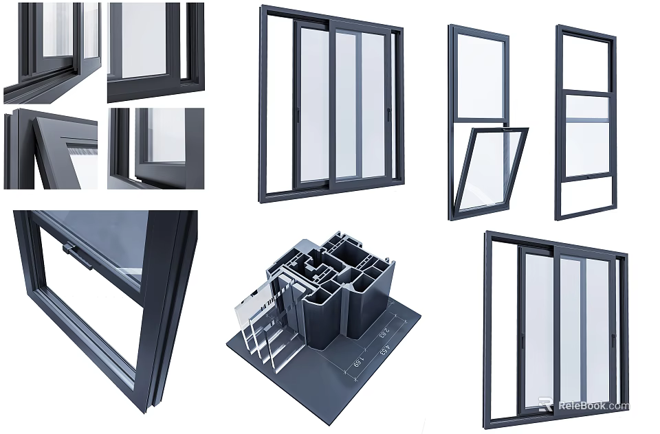 Casement Window Multiple Angles Display With Open Closed States And Structural Details View 3d model
