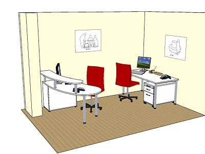 Modern Office Desk Setup With Two Red Chairs Computer And Wall Paintings On Wooden Floor 3d model