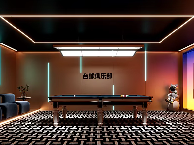 Modern Billiard Room Interior With Neon Lights Geometric Carpet And Sofa 3d model