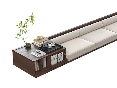 Modern Living Room Interior With Beige Sofa Wooden Coffee Table Books And Green Plant 3d model
