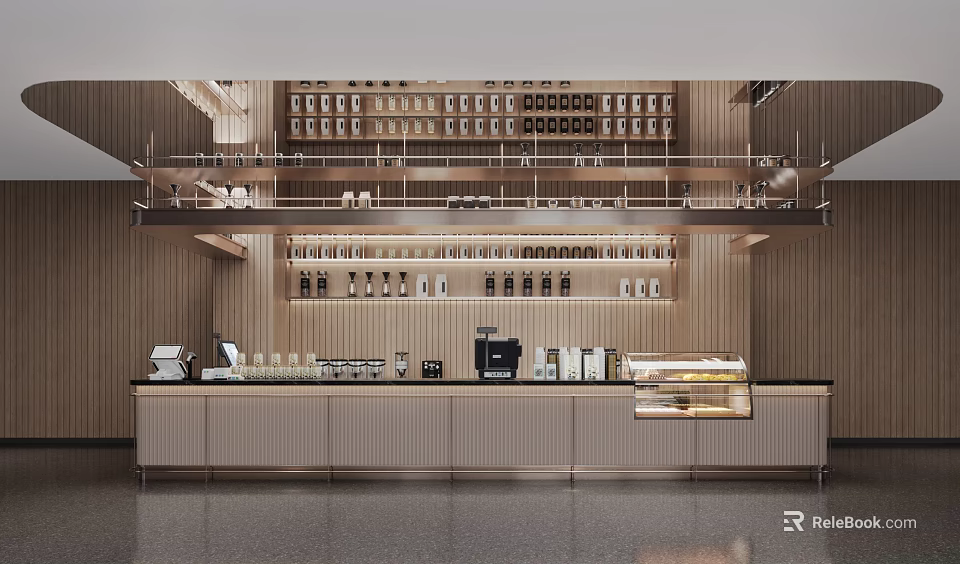 Modern Coffee Shop Cashier Counter With Wooden Wall Multi tiered Shelves And Display Case 3d model 
