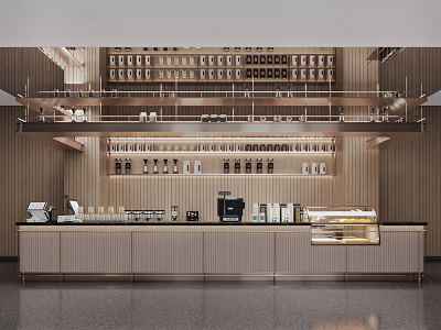 Modern Coffee Shop Cashier Counter With Wooden Wall Multi tiered Shelves And Display Case 3d model
