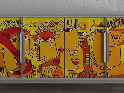 Artistic Storage Cabinet With Colorful Abstract Face Patterns And Geometric Designs 3d model