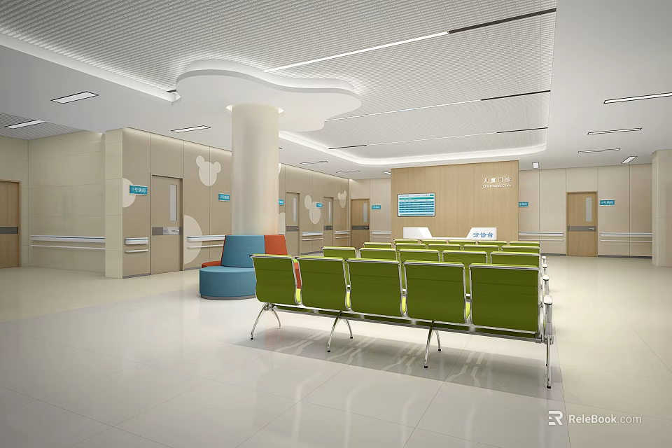 Medical Waiting Room With Green Chairs Blue Sofa Reception Desk And Light Walls 3d model 