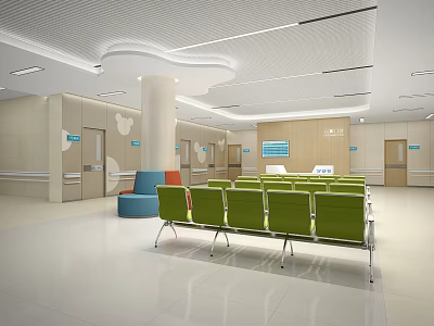 Medical Waiting Room With Green Chairs Blue Sofa Reception Desk And Light Walls 3d model