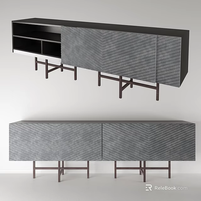 Modern Console Table Design With Herringbone Texture Metal Legs And Storage Cabinets 3d model