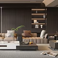 Modern Living Room Interior With Beige Sofa Wooden Wall And Bookshelf Decor