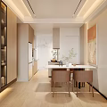 Modern Living Dining Room Interior With Open Concept TV Wall And Marble Coffee Table
