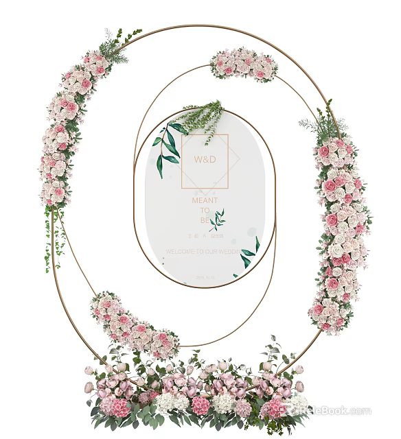 Floral Hanging Decoration with Pink Flowers Green Leaves and Oval Sign for Home 3d model 