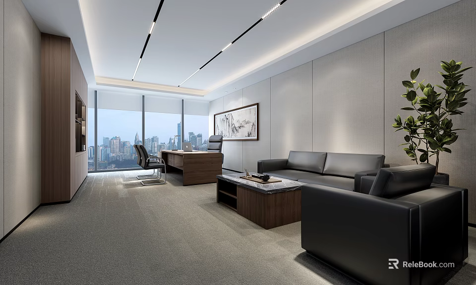 Modern Office Interior Design With Executive Desk Sofa Large Windows And City View 3d model