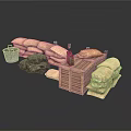 Modern Tactical Outdoor Setup With Sandbags Wooden Crate Bucket And Green Camouflage Fabric