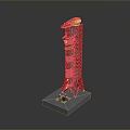 Red Industrial Tower Structure With Metal Frame Yellow Top And Gray Base