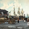 Traditional Ancient Architecture Waterfront Scene with Wooden Bridges Boats and People Gathering