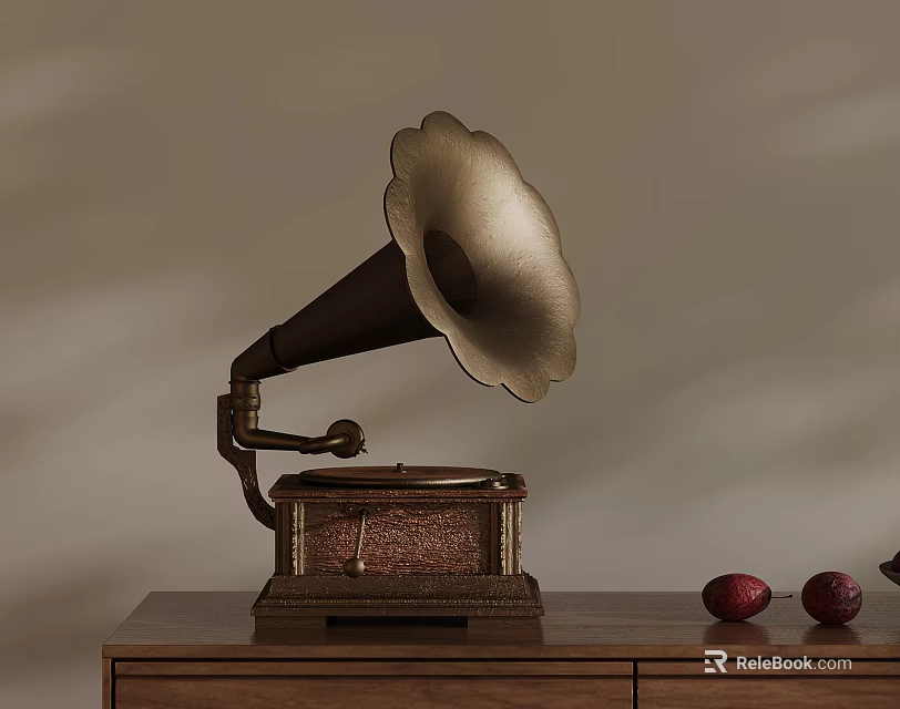 Vintage Decorative Gramophone on Wooden Cabinet with Red Purple Fruits 3d model 