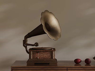 Vintage Decorative Gramophone on Wooden Cabinet with Red Purple Fruits 3d model