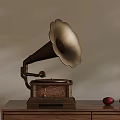 Vintage Decorative Gramophone on Wooden Cabinet with Red Purple Fruits