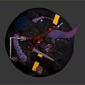 Red Horned Demon Figure Holding Gun With Octopus Tentacles And Traffic Light On Rock Base