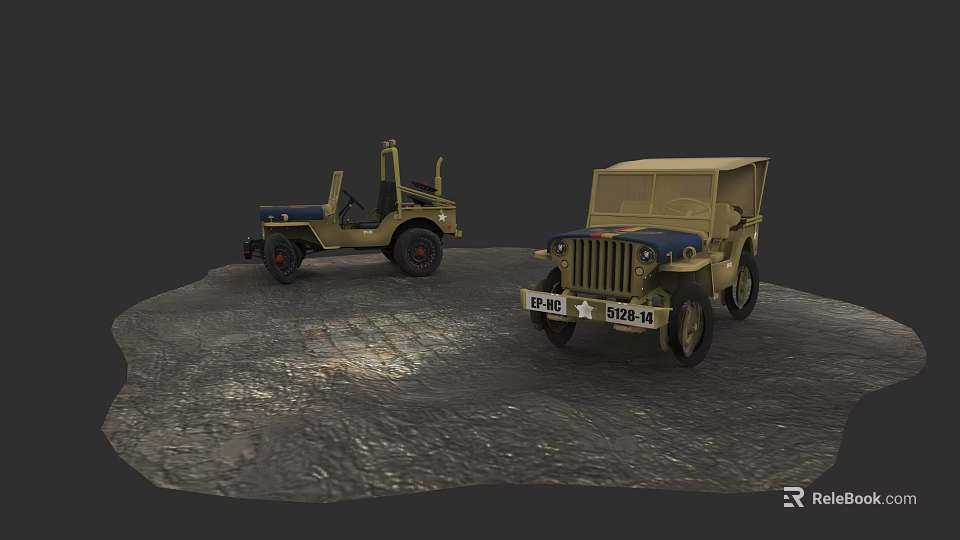 Vintage Military Jeeps In Khaki Color With Star Logos And License Plates 3d model 