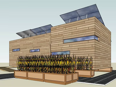 Modern Detached House With Wooden Exterior Solar Panels on Roof and Front Garden Planter 3d model