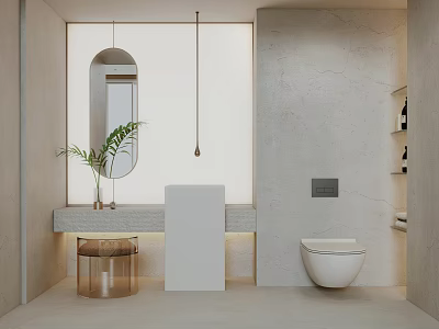 Modern Bathroom Interior With Round Mirror Wall Mounted Toilet Vanity And Potted Plant 3d model