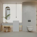 Modern Bathroom Interior With Round Mirror Wall Mounted Toilet Vanity And Potted Plant