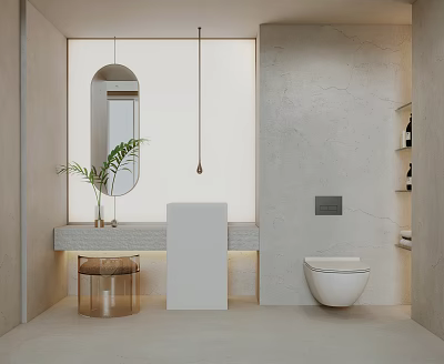 Modern Bathroom Interior With Round Mirror Wall Mounted Toilet Vanity And Potted Plant 3d model