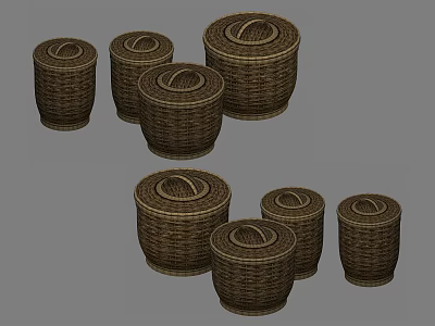 Wicker Storage Baskets With Lids In Various Sizes For Home Organization 3d model