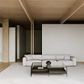 Modern Natural Living Dining Room Interior With Wooden Beams Marble Countertop And Open Layout