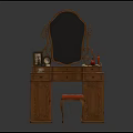 Wooden Carved Dressing Table with Oval Mirror Red Stool and Decorative Items on Top