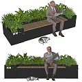 Landscape Bench With Wooden Seat Black Metal Frame Green Plants And Man Reading Newspaper