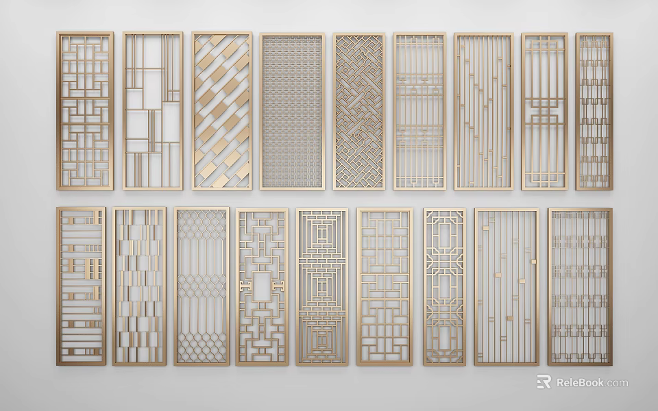 Stylish Partition Screens With Diverse Intricate Patterns And Golden Frames 3d model