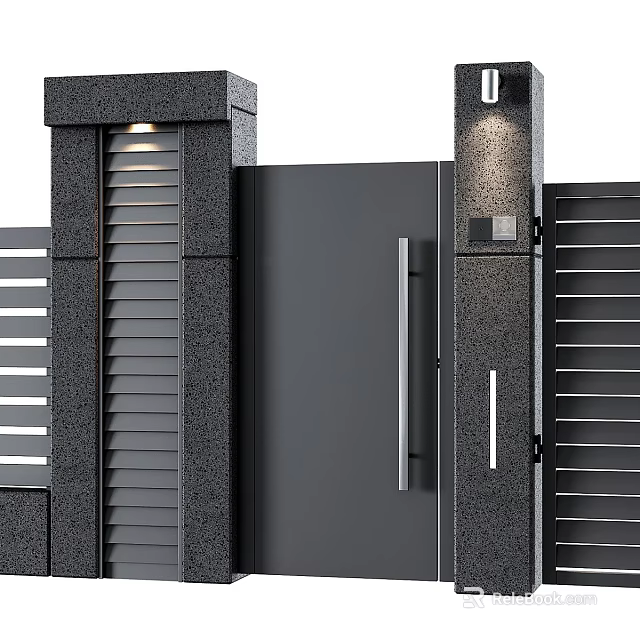 Modern Entrance Gate With Black Door Stone Pillars And Louvered Panels 3d model 