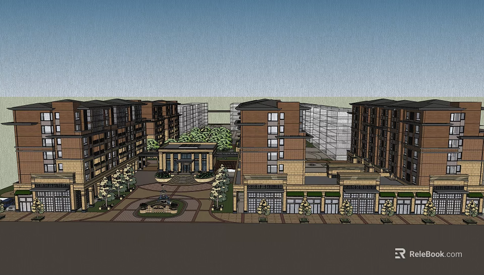 Multi Story Residential Commercial Complex With Central Courtyard Plaza And Greenery Design 3d model 