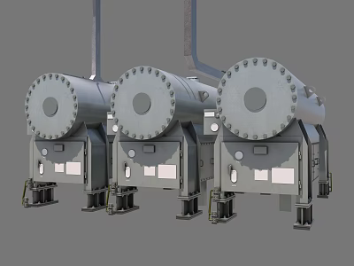 Three Large Cylindrical Industrial Equipment Units With Metal Support Bases 3d model