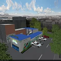 Community Service Center With Blue Roof Parking Lot Cars Trees And Urban View