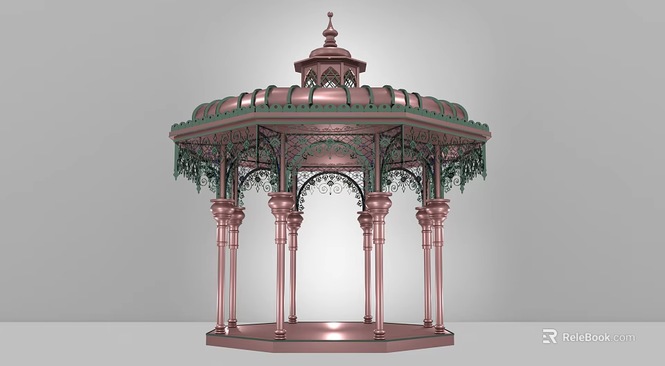 Ornate Copper Colored Gazebo With Intricate Top Structure And Green Decorative Columns 3d model 