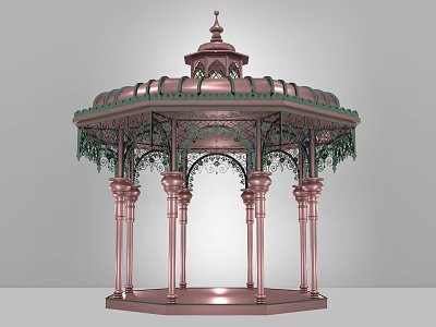 Ornate Copper Colored Gazebo With Intricate Top Structure And Green Decorative Columns 3d model