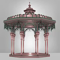 Ornate Copper Colored Gazebo With Intricate Top Structure And Green Decorative Columns