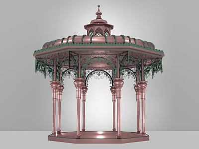 Ornate Copper Colored Gazebo With Intricate Top Structure And Green Decorative Columns 3d model