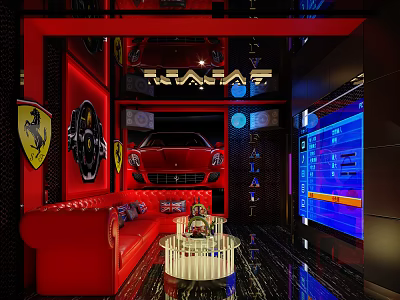 Modern KTV Space Featuring Red Theme Ferrari Elements Red Sofa And Blue Lighting 3d model