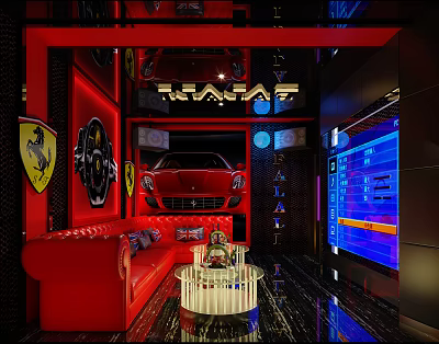 Modern KTV Space Featuring Red Theme Ferrari Elements Red Sofa And Blue Lighting 3d model