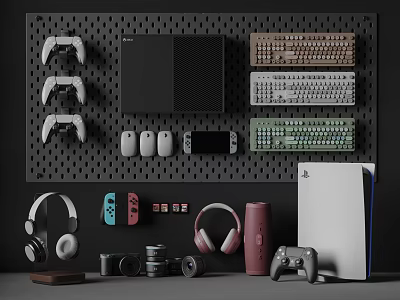 Entertainment Electronics Setup Including Game Consoles Controllers Keyboards Headphones Mice on Pegboard 3d model