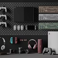 Entertainment Electronics Setup Including Game Consoles Controllers Keyboards Headphones Mice on Pegboard