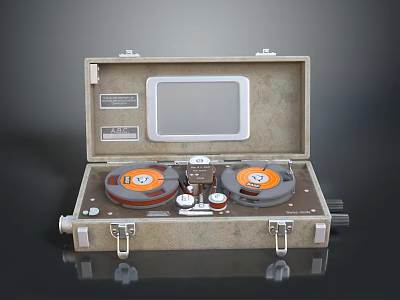 Vintage Computer Data Storage Equipment With Tape Reels Portable Case And Small Screen 3d model