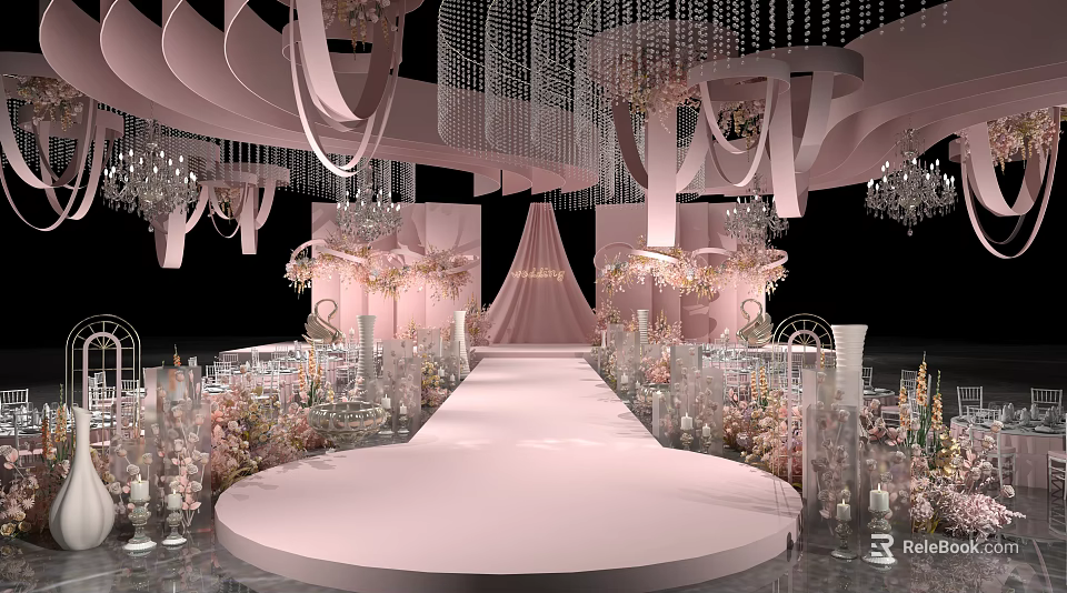 Romantic Pink Wedding Banquet Hall With Walkway Stage Flower Arrangements And Crystal Decorations 3d model 