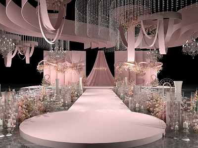 Romantic Pink Wedding Banquet Hall With Walkway Stage Flower Arrangements And Crystal Decorations 3d model