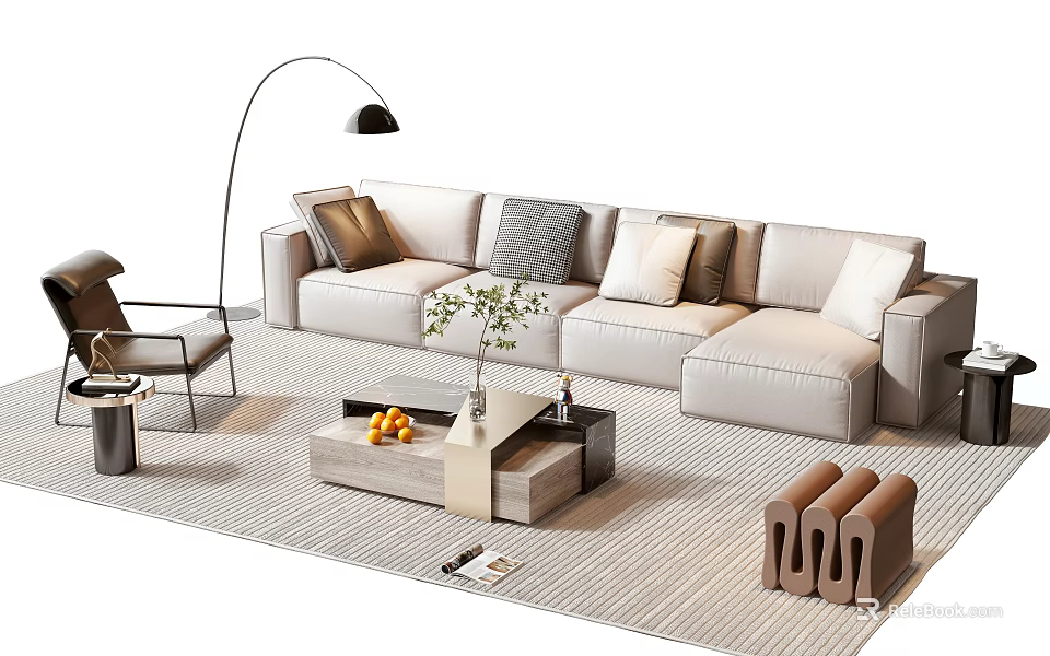 Modern Sofa Coffee Table Set With Light Colored Cushions Green Plant And Floor Lamp 3d model 